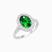 Oval Cut Ring with Baguette Diamond Halo and Diamond-Accented Shank - Shahin Jewelry